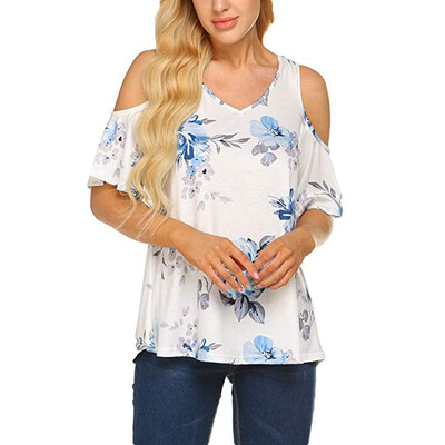 

Starmoon Womens Floral Printed Cut Out Shoulder Short Sleeve T Shirt Tops Blouse