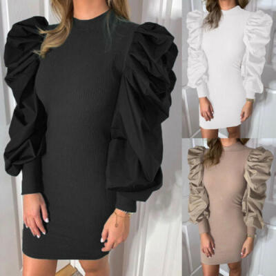 

HOT Women Puff Sleeve Slim Dress Sexy Evening Cocktail Party Bodycon Wrap Dress