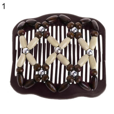 

Vintage Double Slide Clip Women Headwear Wooden Beads Magic Hair Comb Hairpin
