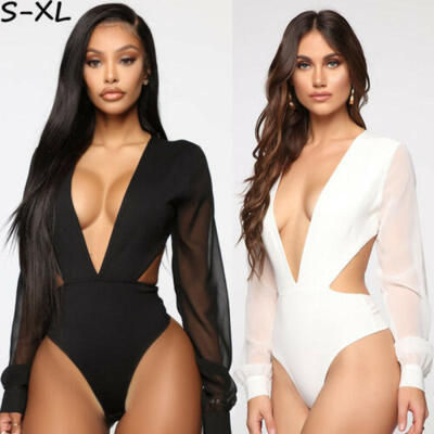 

Women V-Neck Hollow Romper Mesh Sheer Long Sleeve Jumpsuit Tops Solid Blouse US