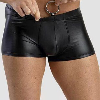 

Mens PU Leather Rings Boxer Briefs Underwear Bulge Pouch Shiny Lingerie Shorts