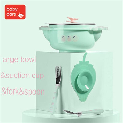 

BabyCare 5Pcs Set Baby Silicone Stainless Steel Tableware Feeding Dish Kids Sucker Spoon Fork Cup Baby Food Training Container