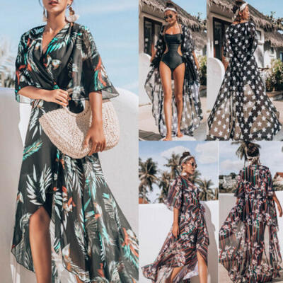 

Cover Up Swimwear Bikini Summer Women Swimsuit Chiffon Beach Print Boho Dress