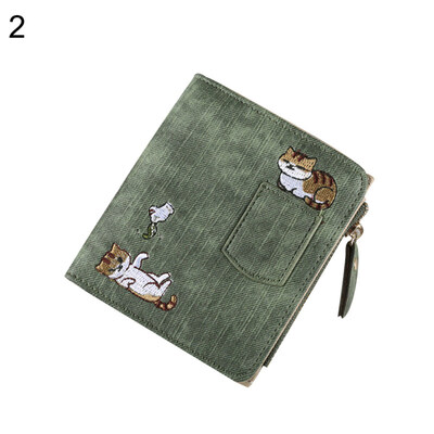 

Cartoon Cat Embroidery Bifold Purse Card Cash Holder Women Faux Leather Wallet