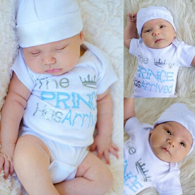 

The prince has arrived Newborn Baby Boys Girls Cotton Outfits Clothes Romper Jumpsuit BodysuitHat 2Pcs Set