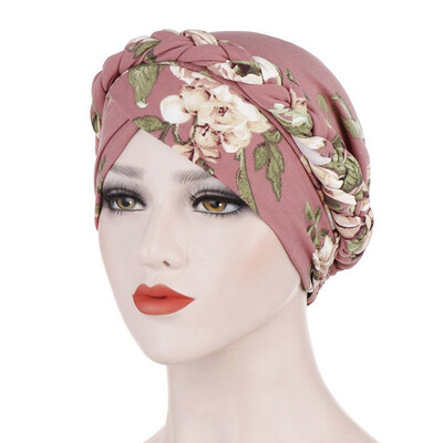 

6 Colors Muslim Women Flower Print Turban Cancer Braided Chemo Hat For Women Stretch Head Scarf