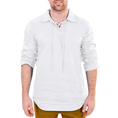

Toponeto Mens Baggy Cotton Linen Solid Long Sleeve Drawsting Retro T Shirts Tops Blouses