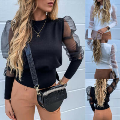 

Fashion Women Sheer Tee Casual T shirts Mesh Puff Sleeve Blouse Slim Club Tops