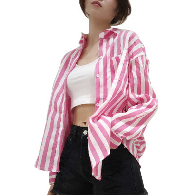 

Women Tops Striped Blouse Shirt Long Sleeve Blouse Turn Down Collar Shirts Casual Tops Sunscreen Blouses Femme Daily Basic