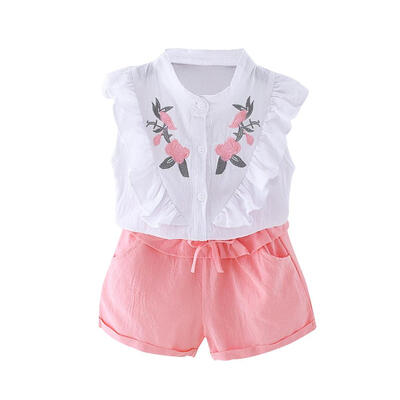 

Baby Girl Kids Embroidery Floral Ruffle Tops Solid Lace Shorts Clothing Set