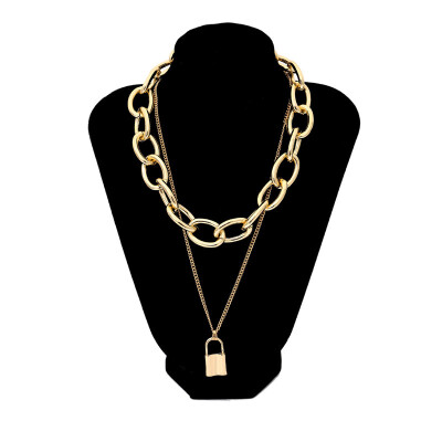 

Vintage Punk Lock Pendant Gold Necklace For Women Double Layered Thick Long Chains Miami PadLock Necklace Chunky Gothic Jewelry