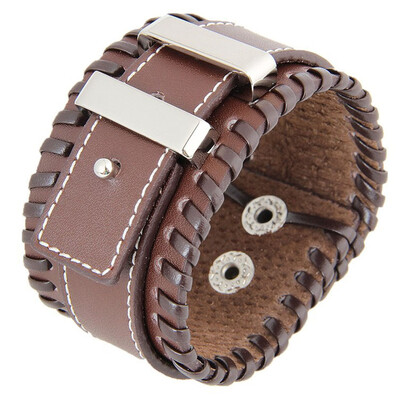 

Unisex Punk Leather Cuff Bracelet Stitching Two Layers Woven Leather Bangle