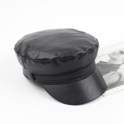 

New Fashion Women Winter PU Leather Beret Solid Color Short Brim Cap Vintage Navy Black Hat