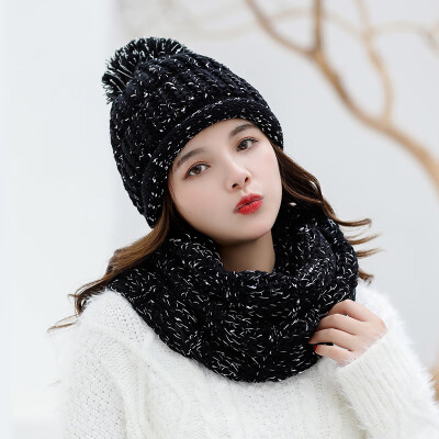 

Winter Knitted Wool Hat Lady wool ball thicker set head hat neck set warm ear protector two sets