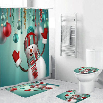 

4 Piece Christmas Theme Bathroom Decoration Non Slip Rug Toliet Cover Bath Mat Shower Curtain