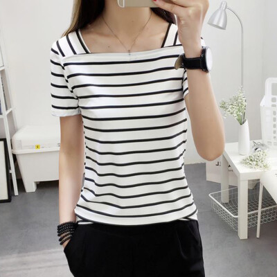 

Nomeni Women Summer Short Sleeve Slim Fit Square Neck Casual Stripes Top Tee Shirt