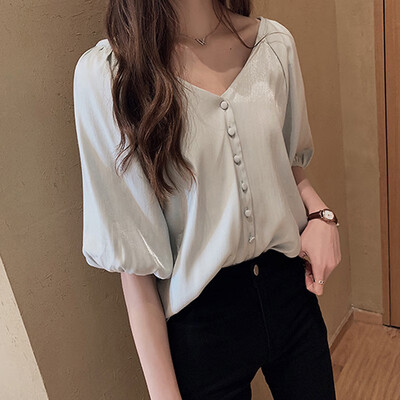 

Summer Tops for Women Blouses White Sexy Puff Sleeve Blouse Female Shirts Ruffle Top Streetwear Korean V Neck Clothing