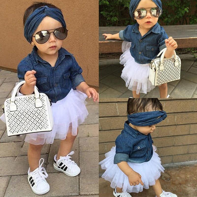 

New Fashion Kids Baby Girls Denim Tops ShirtTutu Skirts Dress Headband 3pcs Outfits Set