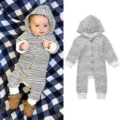 

Baby Boys Girls Striped Hooded Romper Jumpsuit Bodysuit Clothes Outfits