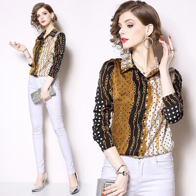 

M L XL XXL vintage new spring 2019 women blouse shirt long sleeve black gold digital striped print office top lady