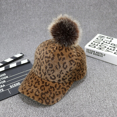 

Hat womens autumn&winter hair ball cap Korean version of the fluffy plush leopard print baseball cap students street sun hat
