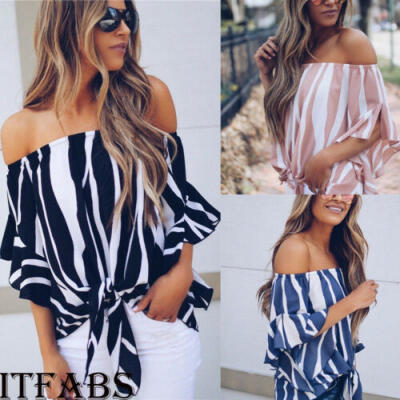 

Fashion Women Lady Off Shoulder Striped Summer T-shirt Loose Baggy Tops Blouse