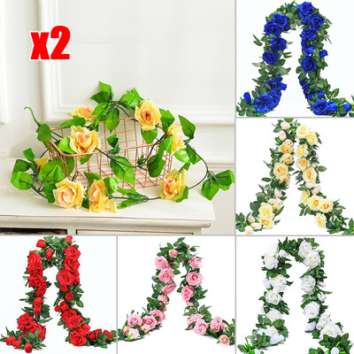 

2PC Artificial Rose Vine Silk Flower Garland Hanging Basket Plant Home WallDecor
