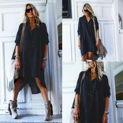 

US Women V Neck Long Sleeve Blouse Button Down Top Shirt Casual Loose Mini Dress