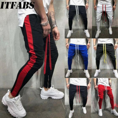 

US MENS HIPSTER Jogger Gym Workout TRACK SIDE COLOR STRIPE TRACK ANKLE ZIP Pants