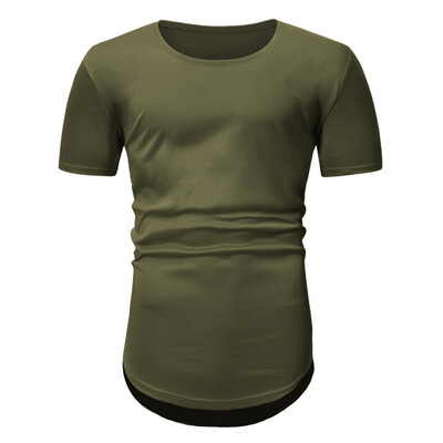 

Men T-shirt Quick-dry Round Neck Asymmetric Hem Solid Color Top