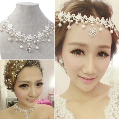 

Bridal Party Head Chain Headband Rhinestone Faux Pearl Lace Floral Choker Necklace