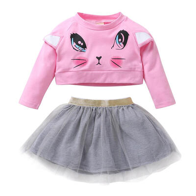 

2pcs Autumn Girls Kids Clothing Set Cartoon Cat Crop Tops Tulle Skirt Suit