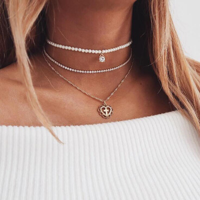 

Hollow Love Heart Cross Faux Pearl Rhinestone Women Multilayer Choker Necklace
