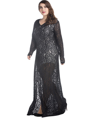 

Women Plus Size Lace Maxi Dress V-Neck Full Sleeve Lined Evening Party Solid Long Dress