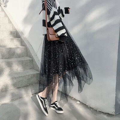 

Langyue womens irregular half-length dress 2019 spring new sequins solid color mesh skirt fairy skirt LWQZ191330 black one size