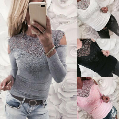 

Women Sexy Solid Lace Cold Shoulder Long Sleeve Slim Blouse Top T-Shirt -XL