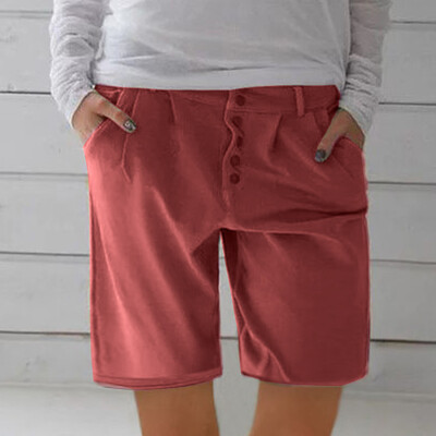 

Tailored Fashion Women Solid Buttons Cotton And Linen Pockets Casual Vintage Short Pants