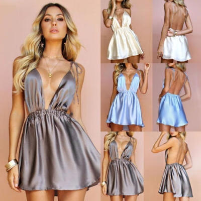 

Silk Feeling Women Sleeveless Dress Home Dress V-deep Halter 2018 zdandedy