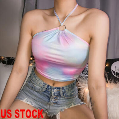 

US Summer Women Sexy Halter Neck Sleeveless Bandage Crop Tops Tank Tie-dye Vest