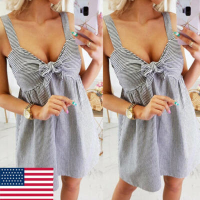 

US Womens Summer Holiday Beach Sleeveless Stripe Dress Ladies Mini Sundress