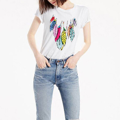

Starmoon Women Print Round Neck Short Sleeved White T-shirt Blouse