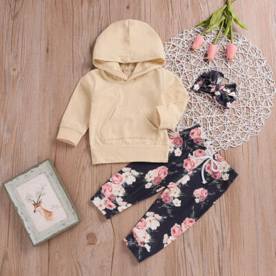 

Newborn Infant Baby Girl Hoodie TopsLong Floral Pants 3PCS Outfits Clothes Set