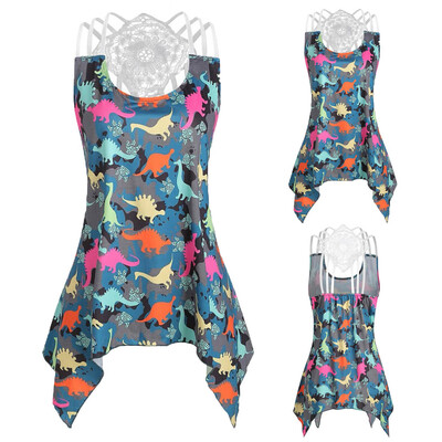 

Roseonmyhand Women Bandages Sleeveless Vest Top Crochet Panel Dinosaur Print Tank Tops