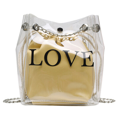 

Women Transparent Bucket Bag Letter Print Chain Shoulder Bags Ladies Clear PVC Jelly Crossbody Messenger Bag T2G