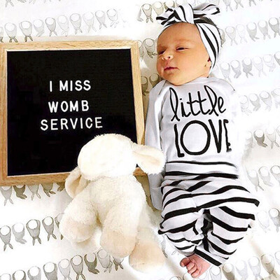 

Newborn Baby Boy Girl Long Sleeve Letter Tops Stripe Pants Headband Clothes Set