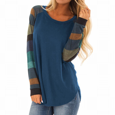 

Round neck long sleeve color block stitching womens T-shirt womens shirt