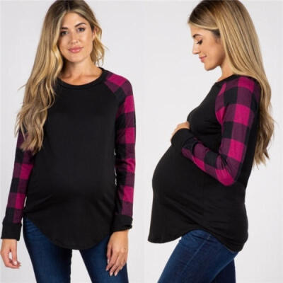 

Women´s Maternity Long Sleeve Grid Printed T-shirt Splice Pregnant Tops Blouse
