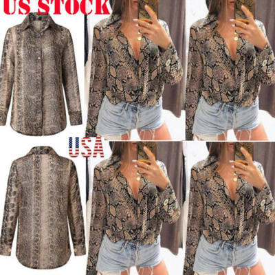 

Women Summer Snake Print Long Sleeve Button V Neck T Shirt Casual Blouse Tops