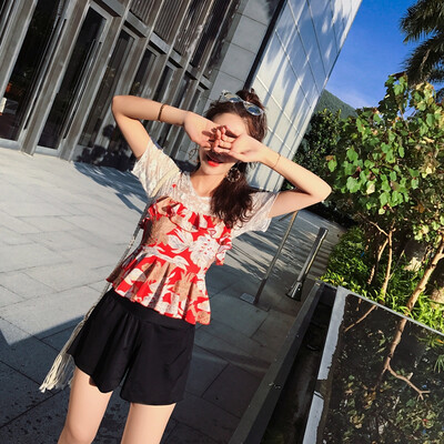 

Also Meishan split two-piece swimsuit female skirt conservative cover belly small chest gathered slim sexy lace short-sleeved womens swimsuit YMS188373 red print