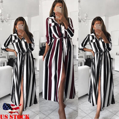 

Hot Lady Button Rainbow Stripe Short Sleeve Boho Maxi Long Dress Loose Shirt Dress